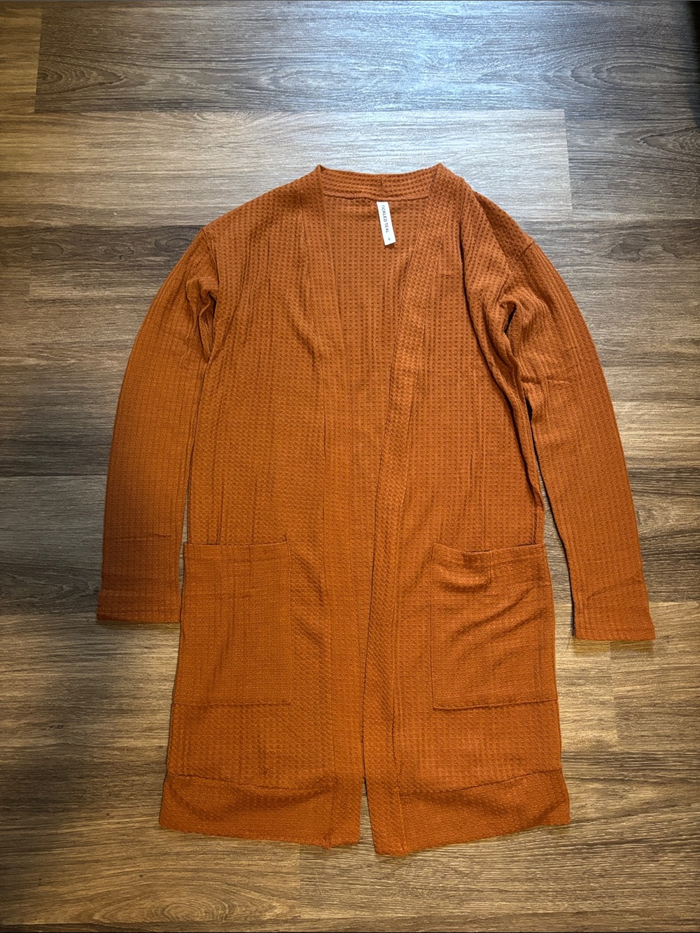 Tickled Teal Long Open-Front Cardigan in Burnt Orange